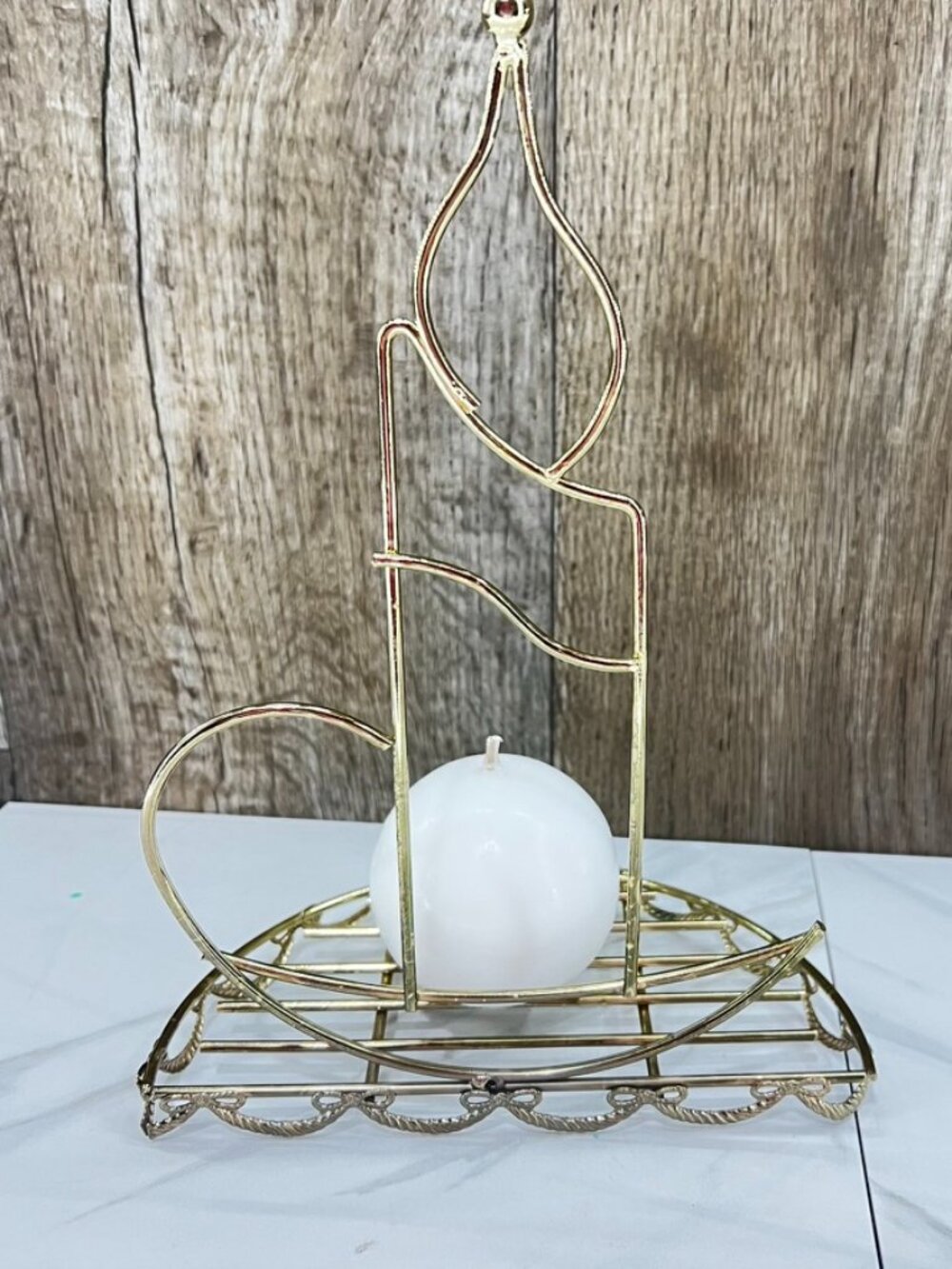 Vtg Gold Metal Candle Stand Christmas Holiday Decor 7.25"x 4.25"w x 10"h